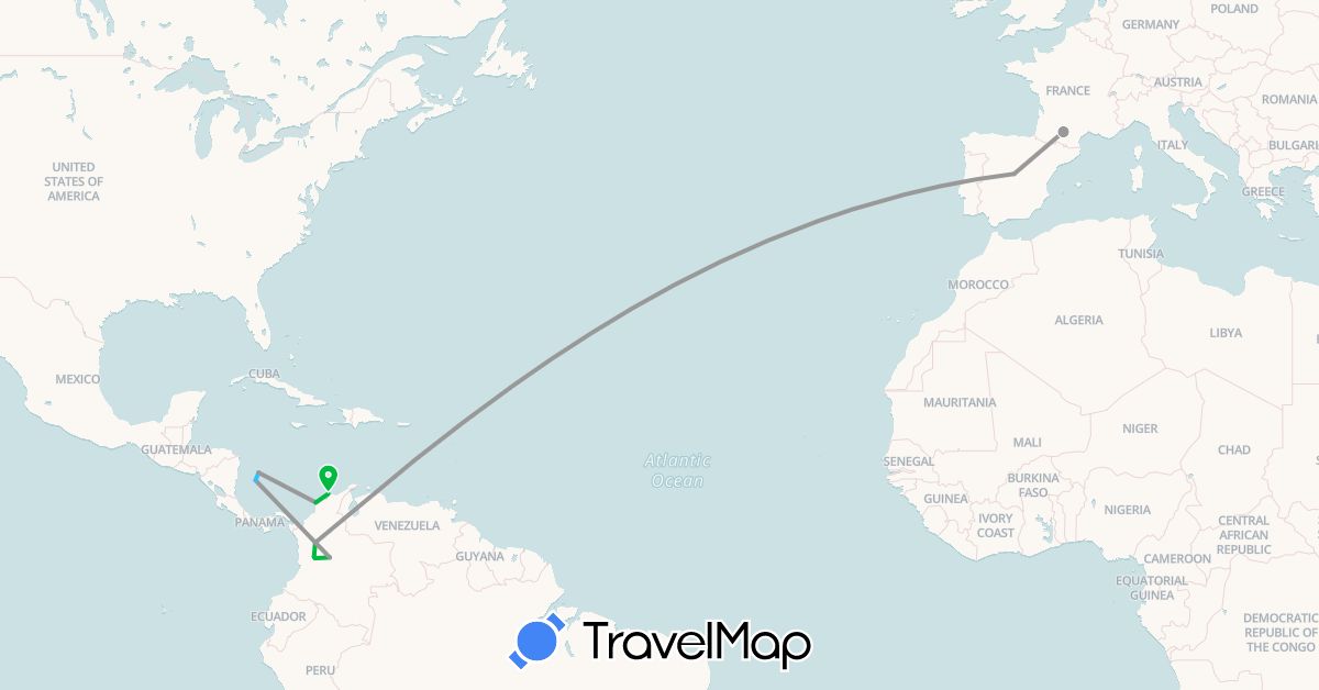 TravelMap itinerary: driving, bus, plane, boat in Colombia, Spain, France (Europe, South America)